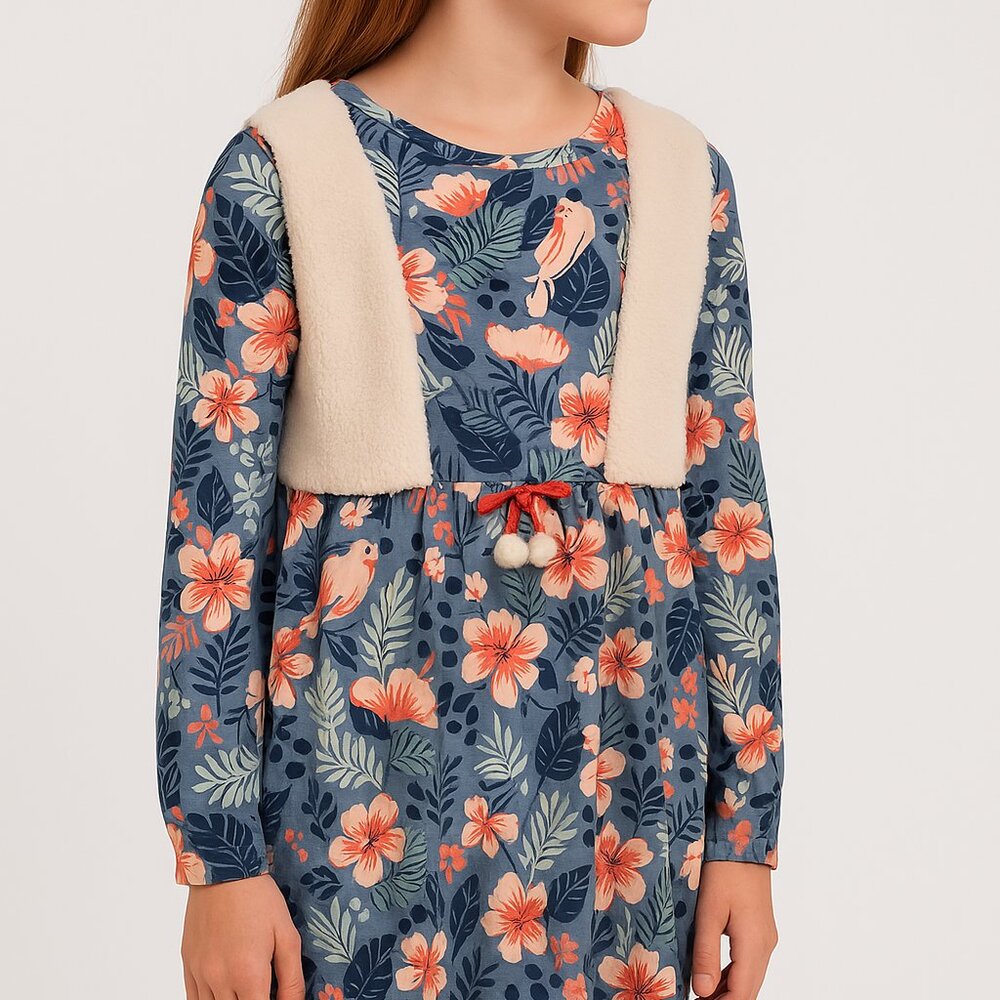 deux par deux Floral Print Knit Dress Sherpa Vest Cute Weasel Size 12 Youth NWT